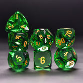 Faceted Green Glass Dice Set – Handcrafted K9 Crystal RPG Dice with Golden Engravings for Dungeons & Dragons & Collectors